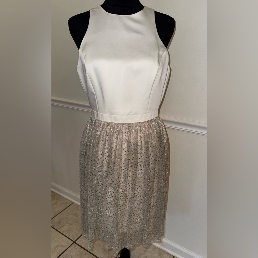 Gianni Bini “Holly” Metallic Dot Party Dress – Ivory & Gold (Size 6)